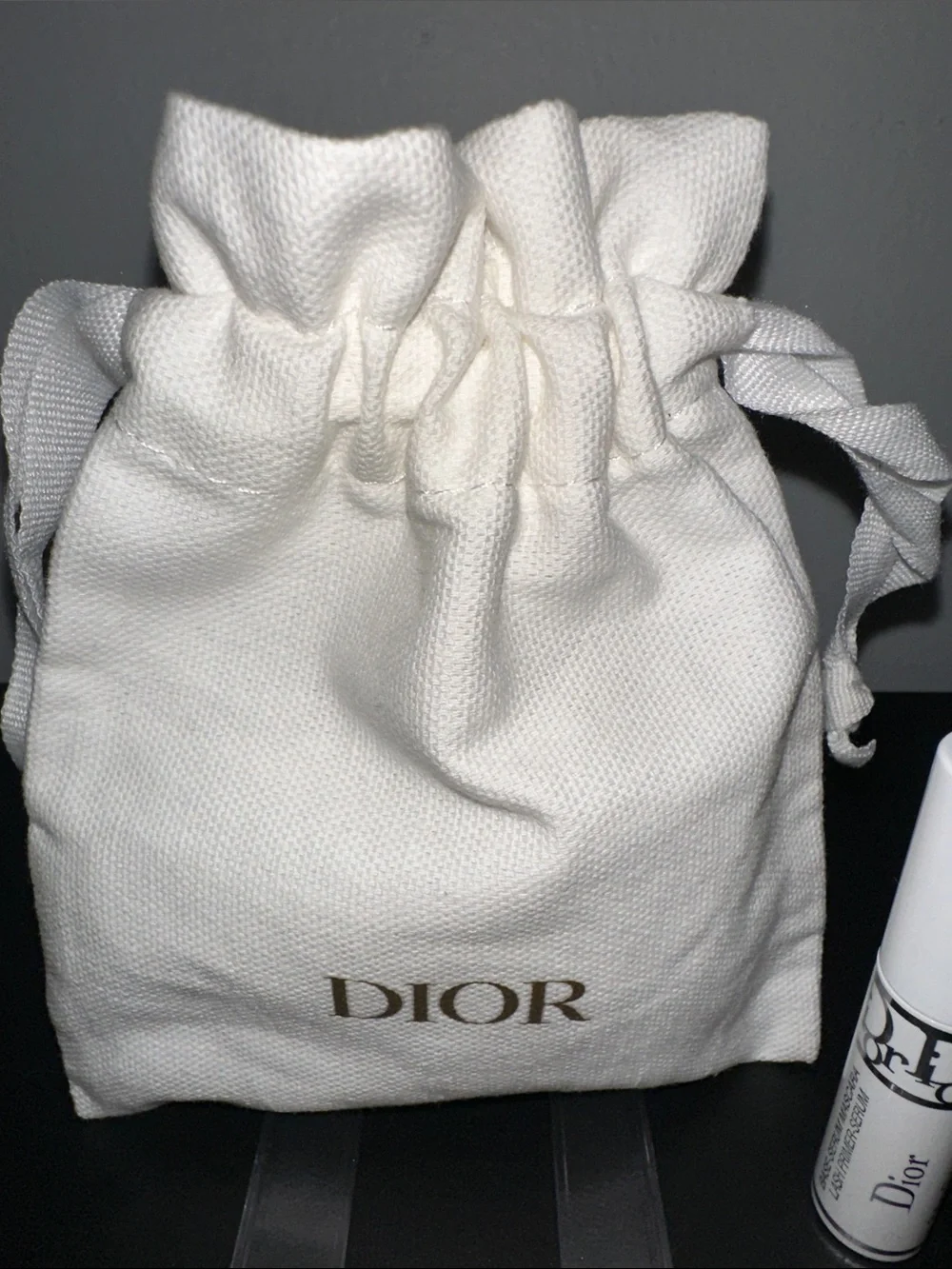 Dior White Drawstring Pouch w Gold Logo and 3D Base Serum Mascara
